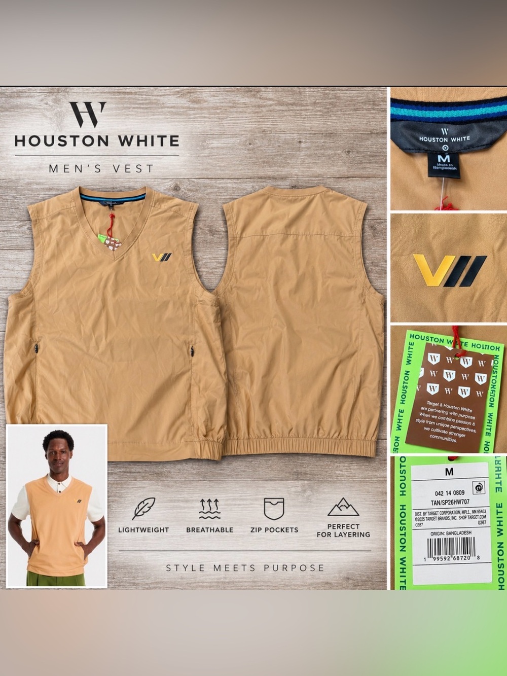 Houston White x Target Men’s Tan V-Neck Vest – Size Medium – NWT